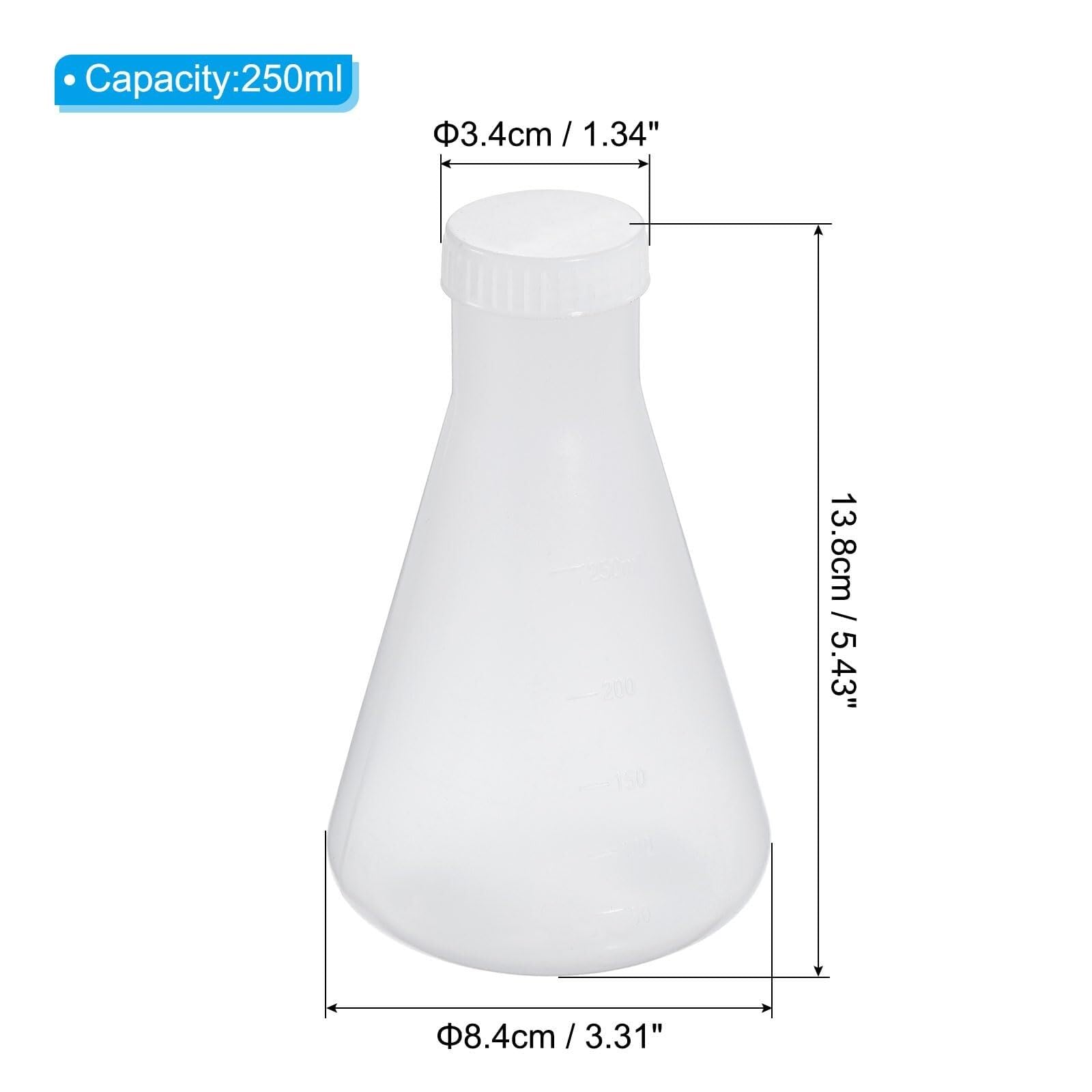 Matraz de Erlenmeyer de Plástico 250ml con Tapón de Roscas, Paquete de 2 Matraz Cónico de Boca Estrecha para Laboratorio, Transparente(250ML)