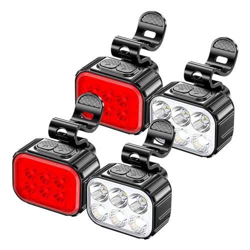 HSOKEW 4Pcs Bike Taillight, Bike Headlight with 6 Spot/Flood Beam USB Rechargeable Bike Light High Lumen Super Bright Bicycle Light Water proof Bike Light Front and Back for Road Mountain Night Riding