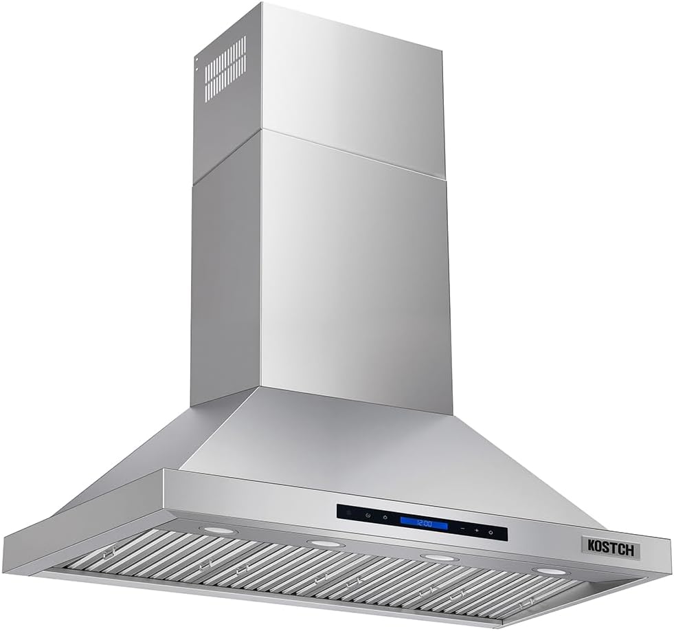 KOSTCH 48 inch Convertible Ducted Wall-Mounted Range Hood, 1200 CFM Kitchen Vent Hood with Touchscreen Control Panel, 3 Speed Exhaust Fan & LED Light, in Stainless Steel (Stainless Steel)