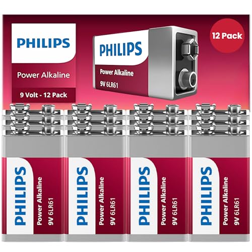 PHILIPS 9 Volt Batteries - Power Alkaline 9V Battery 12 Pack, Long Lasting Power Up to 5 Years in Storage, 9v Batteries Leak Proof Design, All Purpose 9volt for All Your Household & Office Needs.