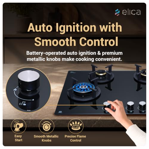 Image of Elica 75cm 4 Burner Auto Ignition Hob | RG FLEXI DFS AB 4B 75 DX | 8 mm Toughened Glass, Direct Vertical Flame Brass Burners, Fully Sealed Burner Design, 2 Year Comprehensive Warranty
