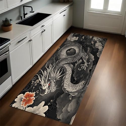 Gris Alfombra 40 x 120 cm Dragón Chino en Pintura de Tinta Antideslizante Lavable en Lavadora, Tapis Moderno de Pelo Corto para Cocina, Comedor y Habitación