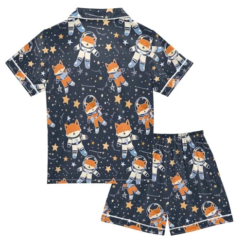 ALAZA Astronaut Fox Star Black Pajamas Satin Pajama Set Short Sleeve Button Down Sleepwear2