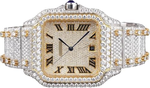 Men&#39;s Moissanite Watch – Luxury Gold-Tone Square Dial Full Pavé Simulated Diamonds Automatic Timepiece with Roman Numerals Gift Watch