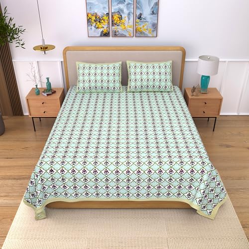 Image of India 100% Pure Cotton Jaipuri Printed Double Bedsheet with 2 Pillow Covers | Traditional Sanganeri Floral Design | Soft Breathable Fabric | King Size Bedsheet for Bedroom (Kaya57)