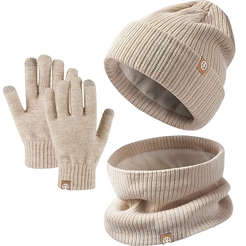 Enwokran 3 Stück Kinder Wintermützen Handschuhe Schal Set Beanie Mütze Warme Gestrickte Touchscreen-Handschuhe Loop WinterSchlauchschal für Jungen Mädchen 5-12 Jahre Outdoor Aktivitäten (Khaki)