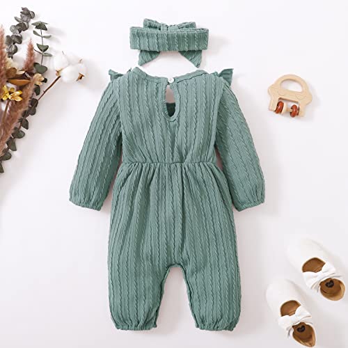 Happy Town Baby Girl Romper Infant Fall Winter Clothes Ruffle Sweater Long Sleeve Bodysuit Jumpsuit And Headband (Green, 0-3 Months) #TOP2