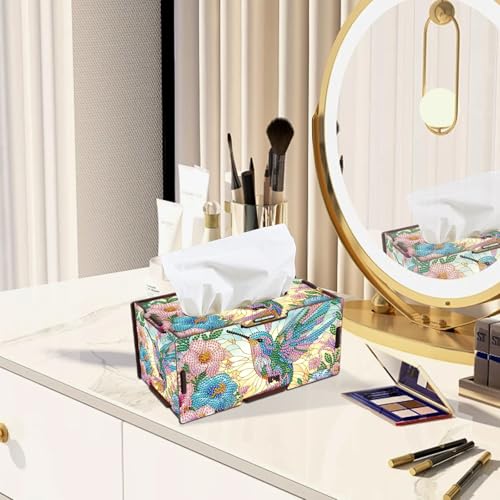 Image of DIY Hummingbird Diamond Painting Tissue Box, Colorful Floral Rhinestone Diamond Art Wooden Napkin Holder, Decorative Crystal Rhinestones Art Box for Home Organizer, 22.5x12.7x10.5cm