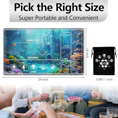 Image of for MTG Playmat with Card Storage Bag,Non-Slip Rubber Base & Smooth Surface 24x14in,Beginner-Friendly Magic Mat for Commander Deck,Seabed Castle