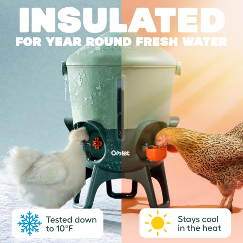 Image of Omlet Insulated Chicken Waterer, 3 Gallon | Automatic Poultry Water Dispenser with 5 Cups & Nipples Included | BPA-Free | Anti-Roost Lid | Sage Green