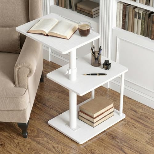 Image of Faesun 360 Swivel Side Table for Height Adjustable, C Shaped End Table for Couch with Storage, 3-Tier Night Stand with Open Shelf, Tv Tray for Small Spaces, Living Room, Bedroom, White
