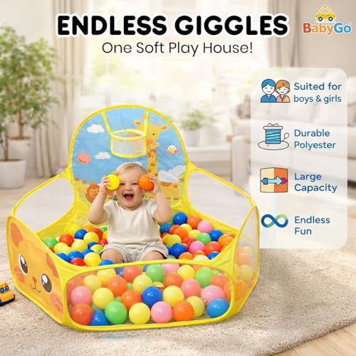 Image of BabyGo Kids Giraffe Basketball Ball Pool for Kids, Play Tent House for 2+ Year Old Girls and Boys, Ball Pit for Kid, Spacious, Lightweight, Portable & Easy to Set Up, (Yellow) (30 Balls)