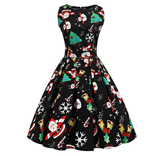 Women Dress Christmas Daoroka Women's Christmas Gifts Fit and Flare Cocktail Vintage Ball Gown Dress Sleeveless Pin Up Swing Lace Santa Claus Print Party Dress For Christmas/New Year (L, Black3)