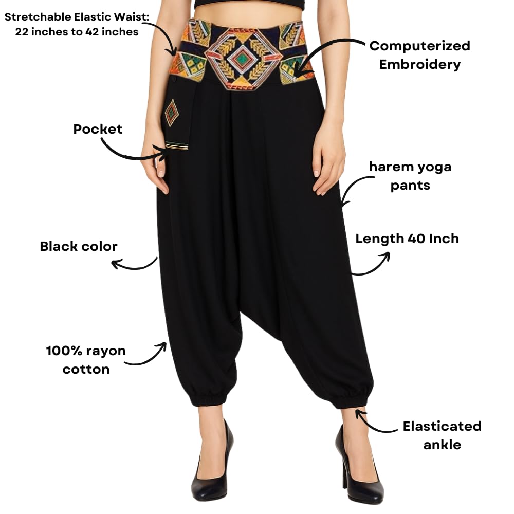 LUJOSO Women Low Rise Harem Pants | Stylish Afghani Salwar | Rayon Fabric Pants Loose Fit for Yoga & Dancing | Waist Size 22 to 42 Inches, Free Size (in, Alpha, M, Regular, Black)