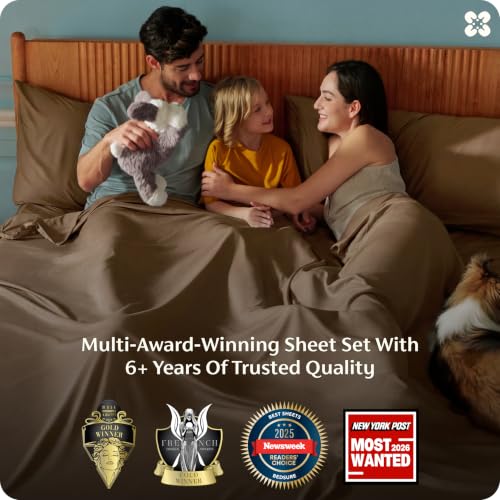 Image of Bedsure Full Size Bed Sheets, Cooling Sheets, Rayon Derived from Bamboo, PureWoven, Breathable & Soft, Deep Pocket Up to 16 Inches, Hotel Luxury Silky Bedding for Hot Sleepers, Coffee