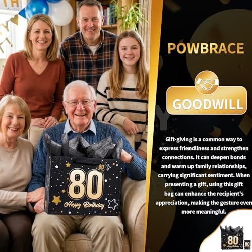 Image of Powbrace 13 inch Black 80th Birthday Gift Bag with Tissue Paper and Greeting Card for Party,Happy Birthday Gift Bag for Men Women,Gift Bags Medium size(1 Black 80th)
