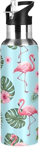 Insulated Water Bottle 32 Oz, BPA-Free Sport Water Bottle Insulated for Gym Outdoor Travel School, Tropical Pink Flamingos Blue