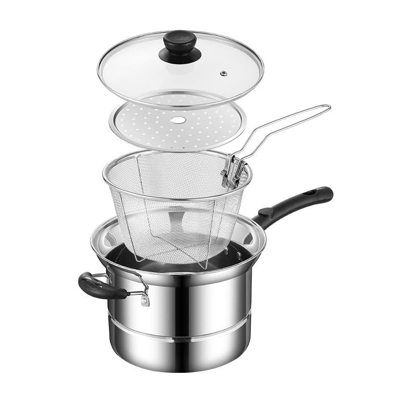 Image of Small Deep Frying Pot with Strainer Basket,1200ml Stainless Steel Pan with Handle,Ideal for Frying French Fries /Chicken Wings /Shrimp /Boiling Butter /Gravies (2 in 1 Frying Pot)