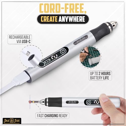 Image of Jas & Jax Engraving Pen - Portable Cordless Tool for DIY Projects & Creative Personalization - Beginner Friendly - USB Rechargeable - 54 Accesories