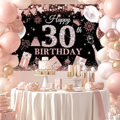Image of Avezano Happy 30th Birthday Banner for Women Black and Rose Gold Glitter Balloon 30 Birthday Party Backdrop 30 Year Old Bday Photo Backdrop Party Supplies 70.8 x 43.3 Inch