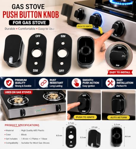 Image of Universal fit Knob for Gas Stove Replacement Parts | Long Lasting, Smooth Operation, Premium PVC On-Off Push Type 8 MM Spindle Black Knob for All Sleek Slim Modal Gas Stove Pack of 2 (P4, PACK OF 2)