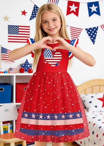 Image of Girls 4th of July Dress American Patriotic Outfit USA Independence Day Clothes Flutter Sleeve Tulle Tutu Dress 5-14y
