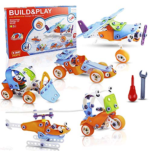 Haktoys Build-n-Play 5-in-1 Construction Engineering Vehicle Building Set | 132 Pieces DIY Kit Take-Apart Fun Learning Educational STEM Toy | Safe and Durable | Great Gift Toy for Kids, Boys and Girls