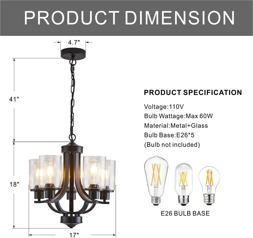 5-Light Dining Room Chandelier,Modern Small Chandeliers Black Rustic Metal Farmhouse High Ceiling Pendant Light Fixtures for Living Room,Kitchen,Foyer,Bedroom