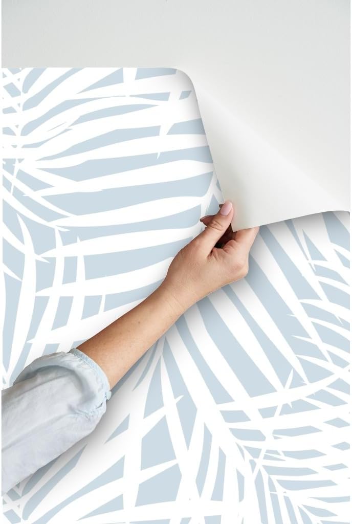 Peel & Stick Wallpaper 3ft x 2ft - Palm,Light Blue,Leaves,Palm Fronds,Summer,Tropical,sunroom,Periwinkle,Blue and Custom Removable Wallpaper by Spoonflower
