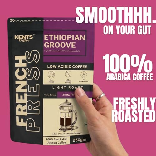 Image of Kents Coffee Ethiopian Groove LIGHT ROAST | LOW ACIDIC COFFEE | Course Grind | French Press & Channi | Hot & Cold Brew | 100% Arabica Powder | Chikmangalur | Single Estate | Gut Friednly | Zesty, Floral, Fruity | Best Black Coffee on Citrus Note | Sun Dried Arabica Speciality Pack (200Gm)
