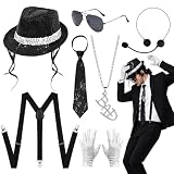 Kyndara 7Pcs 80s Pop Star Costume Accessories Set for Men, Dancer Rocker Star Cosplay Kit with Jazz Hat Gloves Glasses Necklace Suspenders Tie Head Microphone for Dance Performance Theme Party