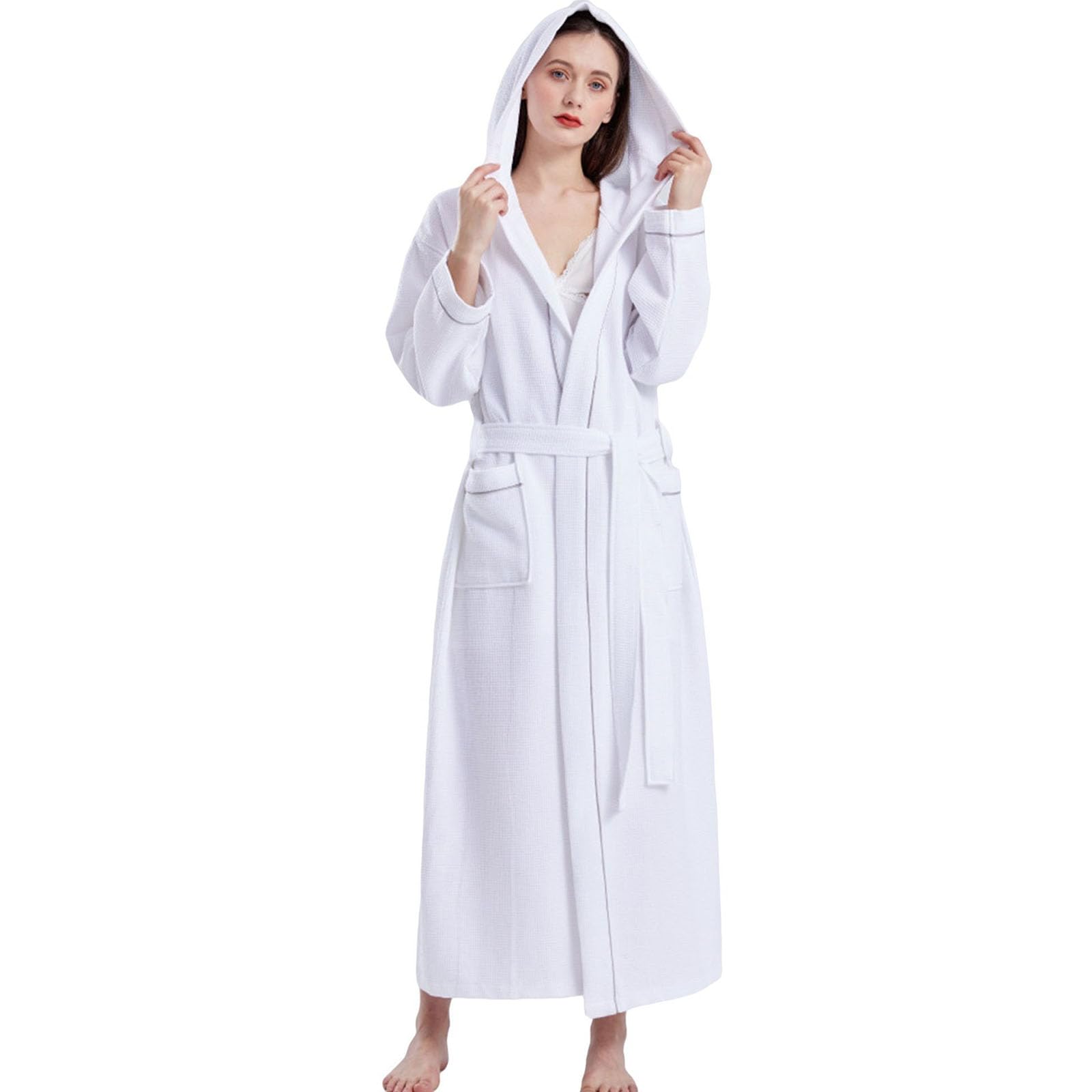 Women’s 100% Cotton Waffle Knit Bathrobes Hooded，Lightweight Kimono Robe Soft Sleepwear Spa Long Robe