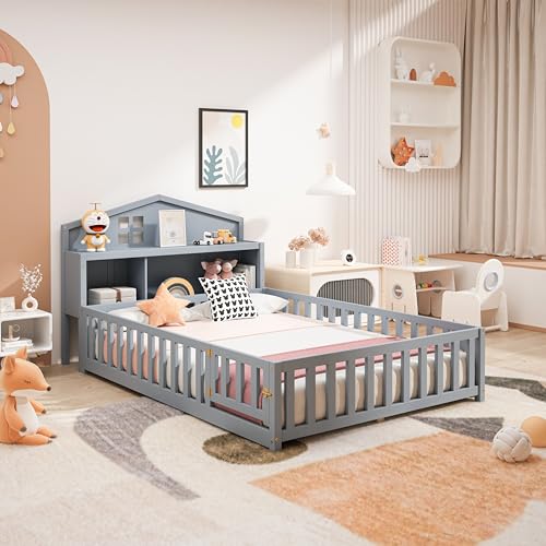 KT Rolster Full Size Kids Montessori Bed, Montessori Floor Bed with Bookcases and Blackboards, Toddler Floor Bed with Guardrails, Wood Platform Beds with Storage Headboards for Kids Girls Boys, Grey