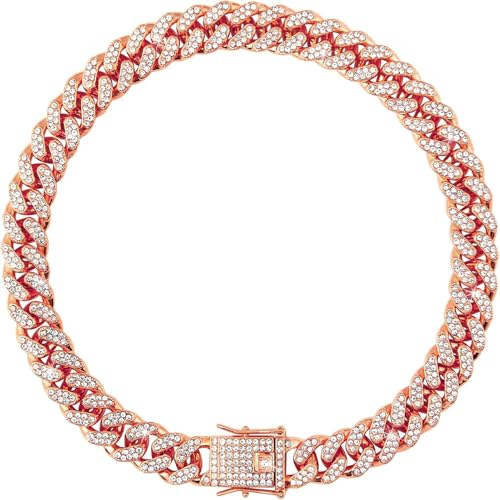 Image of Dog Collars for Small Dogs with Diamond,Bling Metal Cuban Link Dog Collars,Rhinestone Rose Gold Dog Necklace Collar for Small Medium Large Pet Dogs Cats,10 Inch