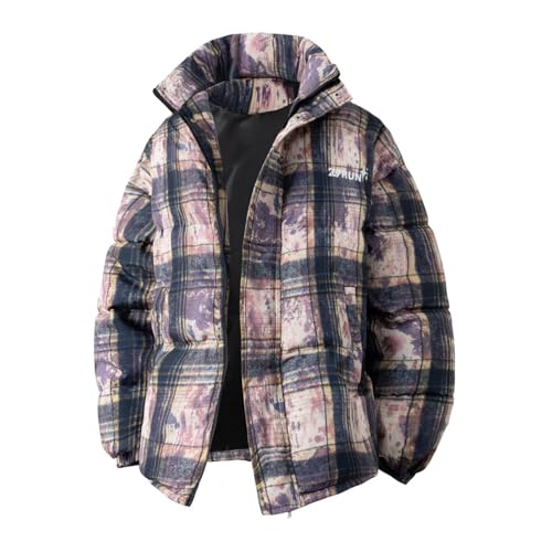 Cambkatl Men's Stylish Plaid Tie Dye Puffer Jackets Stand Collar