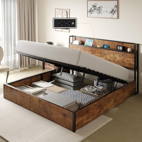 AMERLIFE King Size Lift Up Storage Bed Frame, Wooden Platform Bed Frame with Lifting Storage...