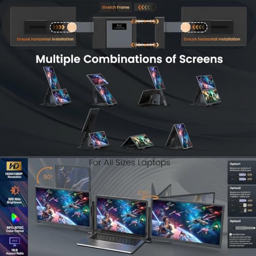 Image of TUTT 15.6 inch FHD Portable Monitor - S6 Triple Screen Extender, USB-C /HDMI, 7 Viewing Modes | All Devices Compatible with Converter Cable (H5 Included)