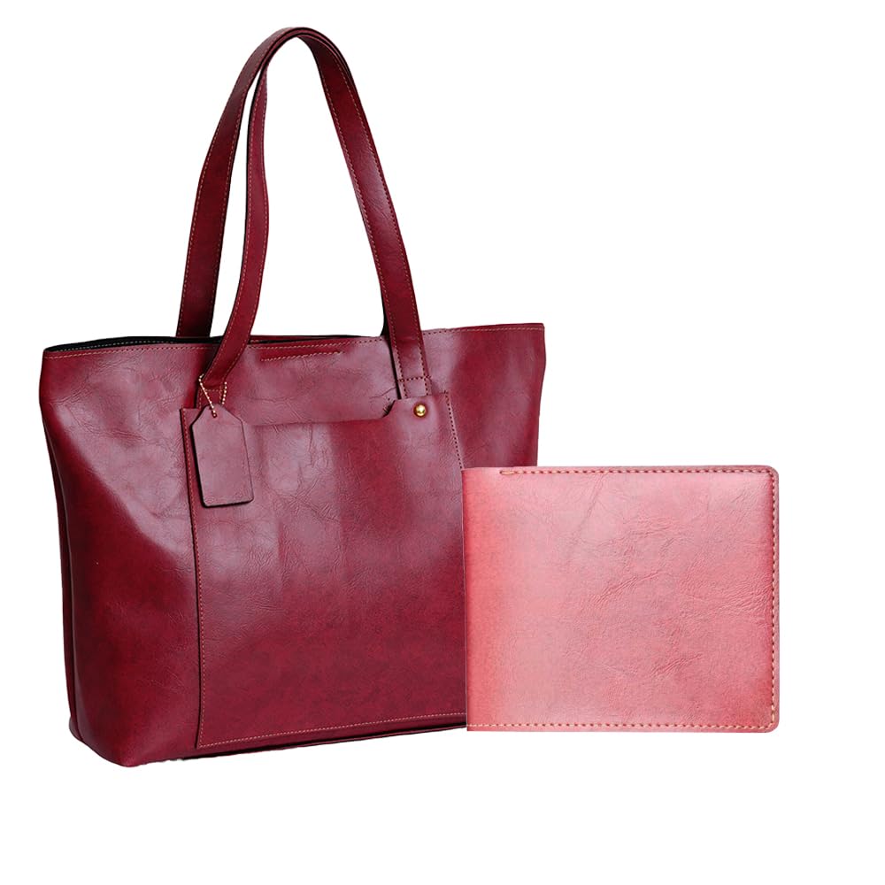 YOUR GIFT STUDIO Women's Imported Leather Tote Bag & Men's Leather Wallet Combo | Women's & Girls Shoulder Bag (Brown)