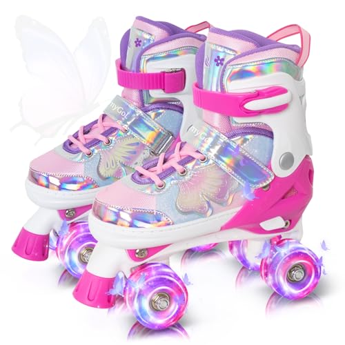 MammyGol Patines de ruedas para niños o niñas, patines ajustables de 4 tamaños para niños pequeños con hermosas mariposas, patines para niños principiantes, patines de cuatro ruedas iluminados para