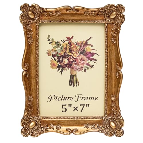 JANDERART Vintage Picture Frame 5x7 Inch, Ornate Antique Photo Frames with Glass Front, Baroque Design, Tabletop & Wall Hanging, Photo Gallery, Gold