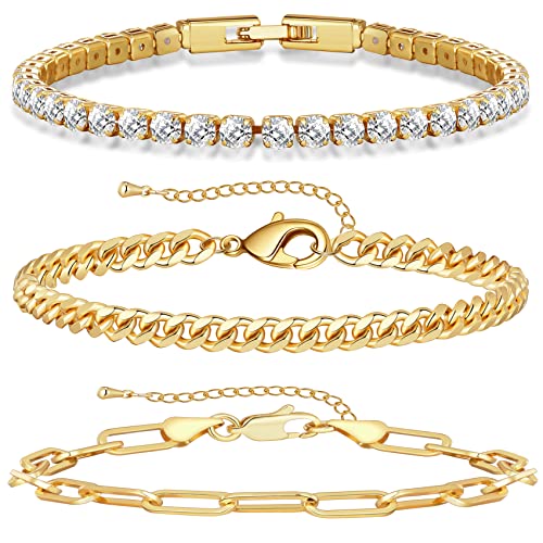 14K Gold Plated Tennis Bracelets For Women Cubic Zirconia Bracelet Sets Gold Bracelets For Women Trendy Dainty Gold Tennis Bracelet #TOP7