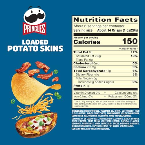 Pringles Potato Crisps Chips, Lunch Snacks, On-the-Go Snacks, Loaded Potato Skins, 5.5oz Can (1 Can)
