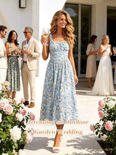 Image of YIOYOLA Womens Casual Summer Dress with Pockets | Sleeveless Square Neck Flowy A-Line Midi Sundress for Beach & Wedding Guest