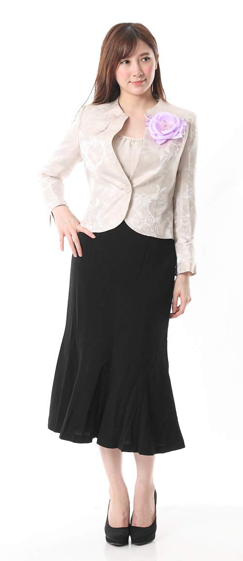 Amazon | 9号 05. ベージュ 薔薇柄ジャガードジャケットロングスカート