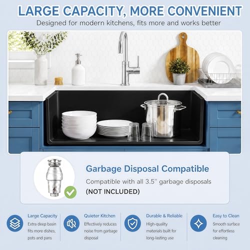 Rhbamoa 28 Inch Black Composite Kitchen Sink,Matte Black Undermount Granite Kitchen Sinks Single Bowl,9 Inch Depth Quartz Sink with Accessories by Rhbamoa - Used condition - Image 4