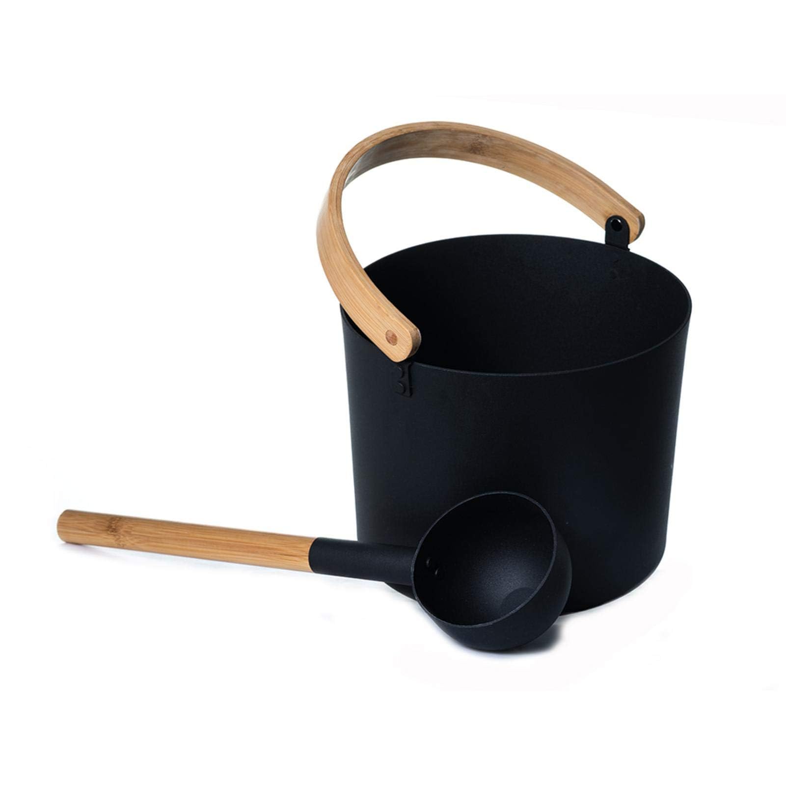 Seau de Sauna de en Aluminium avec Manche Long en Bois 7 l, Noir