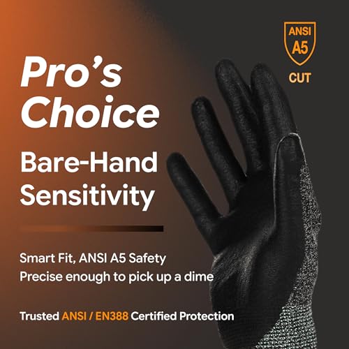 Image of DEX FIT Level 5 Cut Resistant Gloves Cru553, 3D Comfort Stretch Fit, Power Grip, Durable Foam Nitrile, Smart Touch, Machine Washable, Thin & Lightweight, Black Grey 9 (L) 3 Pairs