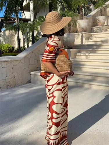 Women's Vintage Print Wide Leg Pants Suit Casual Loose Lapel V Neck Short Sleeve Shirt Set3