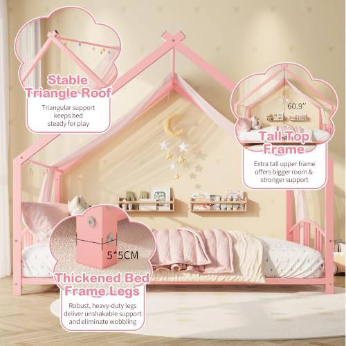Image of Garvee Full Size Metal House Bed Frame for Kids, Pink