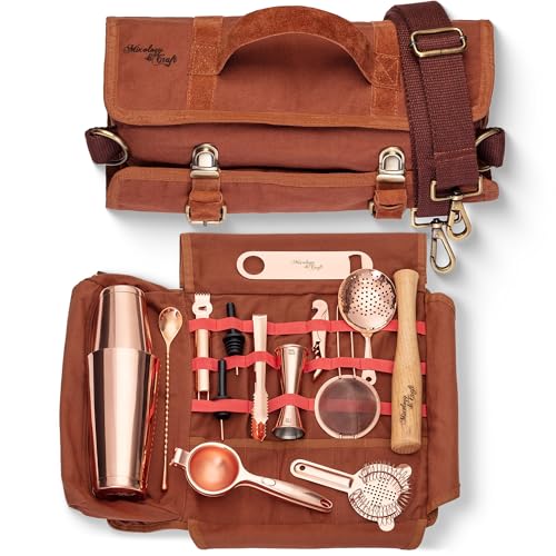 Travel Bartender Kit Bag | Professional 17-Piece Silver Bar Tool Set with Portable Bar Bag...
